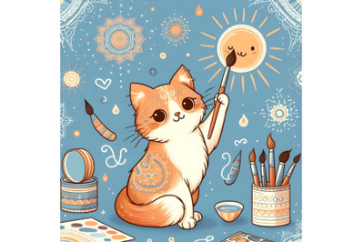 Cute cat with brush is drawing a sun