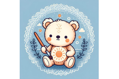 Cute Teddy Bear with brush is drawing a sun