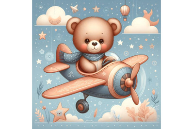 Cute Teddy Bear is flying on a plane