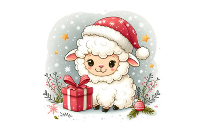 Cute sheep with the gift in Santa hat on snow