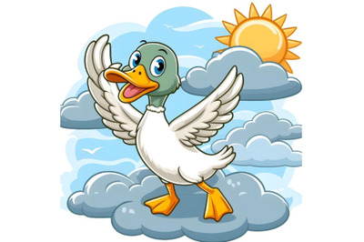 Cartoon mallard duck waving isolated on cloud background