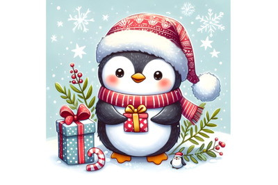 Cute penguin with the gift in Santa hat on snow