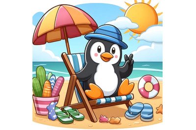 Cartoon penguin sitting on beach chair