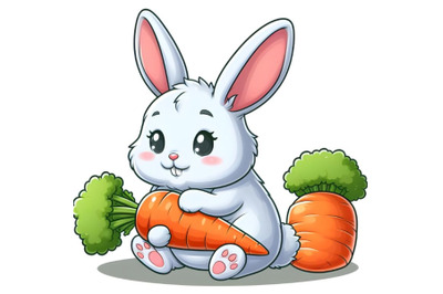 Cartoon rabbit holding carrot on white background