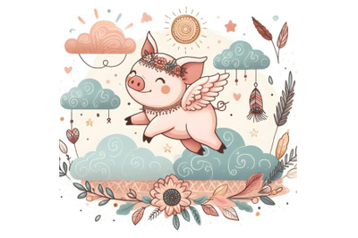 Cute little pig flying in the clouds