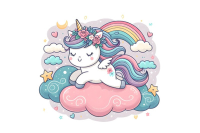 Cute little unicorn flying in the clouds