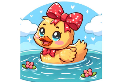 Cute cartoon duck swimming with red bow. Funny and adorable