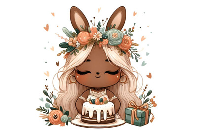 Cute little bunny girl with cake