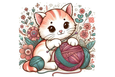 Cute kitten playing with a ball of yarn