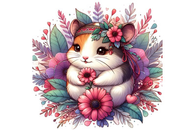 Baby calico hamster holding a flower