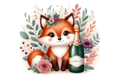 Cute Fox with the bottle of close -up champagne