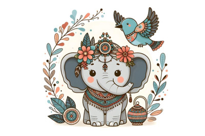 Cute cartoon Elephant with bird