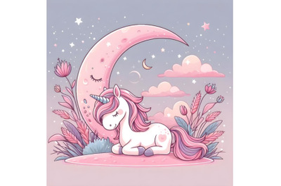 Cute Cartoon pink unicorn on the moon