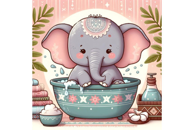 cute elephant takes bath into basin