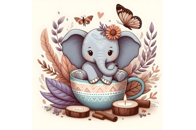 cute elephant sitting in a cup and looking at butterfly