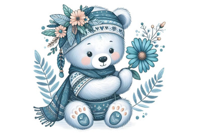 Baby blue bear holding a flower