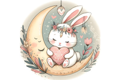 Cute easter bunny with heart on the moon