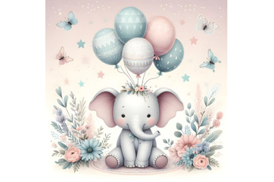 Cute baby elephant sits and holds a balloons