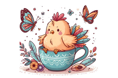 cute chicken sitting in a cup and looking at butterfly