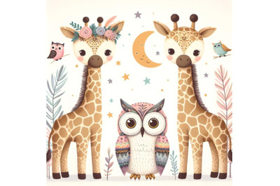 Two cute giraffes and owls