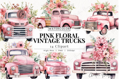 Pink Floral Vintage Truck Clipart