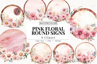 Pink Floral Round Signs Clipart