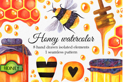 Honey jars watercolor set, bee and honeycomb clipart