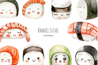 Watercolor kawaii sushi clipart. Cartoon sushi clip art. Japanese food
