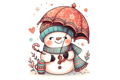 Little Cute snowman with umbrella