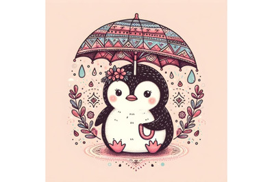 Little Cute penguin with umbrella