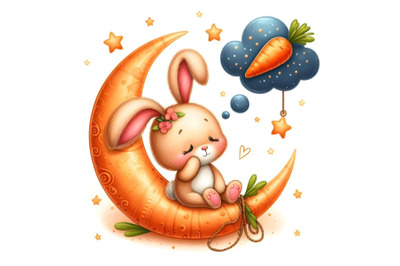 little beautiful teddy bunny is dreaming about carrot