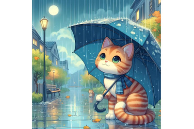 cat with umbrella in rainy day