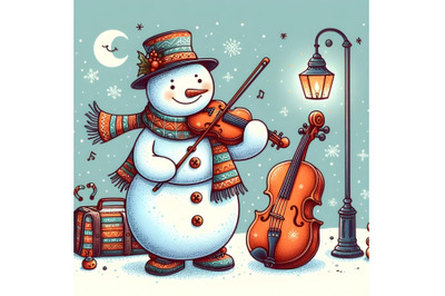 funny cartoon snowman playing violin