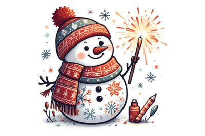 funny cartoon snowman with Sparkler fire