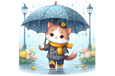 cat with umbrella in rainy day