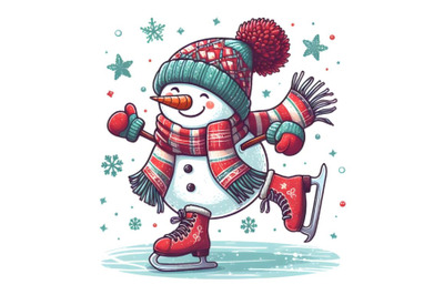 funny cartoon snowman on the skates
