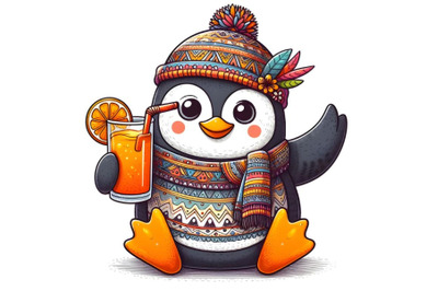 funny cartoon penguin with orange juice