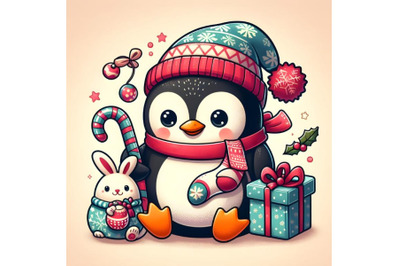 funny cartoon penguin with Christmas sock and a toy