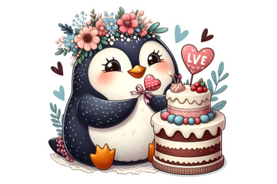 Funny cartoon penguin with cake isolated