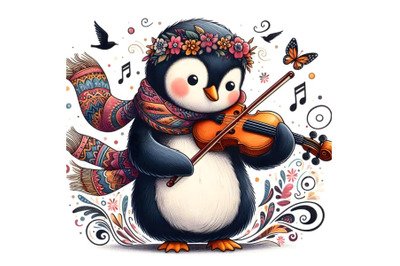 funny cartoon penguin playing violin