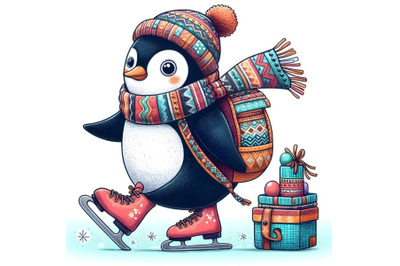 funny cartoon penguin on the skates