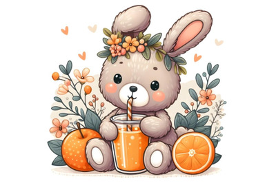 Cute teddy bunny drinking orange juice