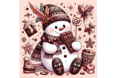 Cute snowman eating chocolate