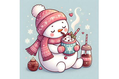 Cute snowman drinking hot chocolate