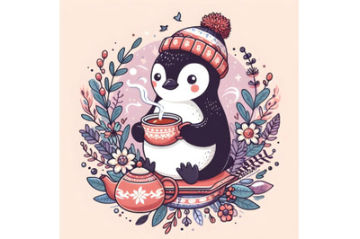 Cute Penguin drinking tea