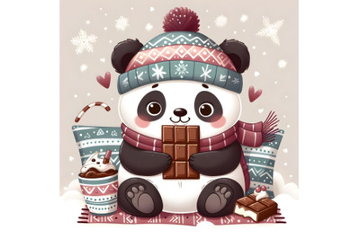 Cute panda eating chocolate in the snow