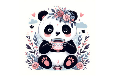 Cute Panda drinking tea