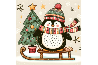 cartoon penguin with a Christmas tree on a sled