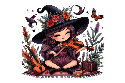 cartoon beautiful witch playing violin