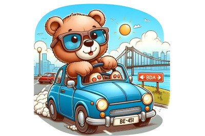 Teddy Bear in glasses goes on a Blue car